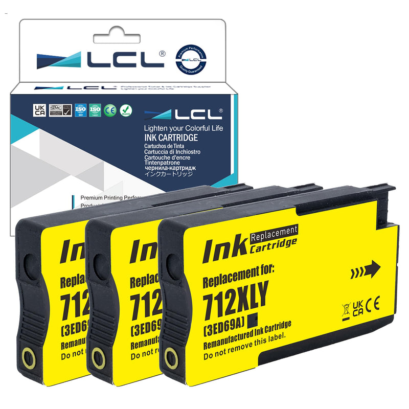 LCL Compatible 712 712XL Yellow High Yield 29-Ml 3-Pack Ink Cartridge (3ED79A) Replacement for HP 712 Designjet T650, T630, T250,T230, T210 &