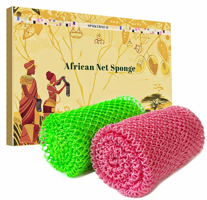 SPMKTBOZAI African Net Sponge Authentic, 2 Pieces African Exfoliating Sponge Real African Net Black Owned, African Bath Sponge Back Scrubber, Body