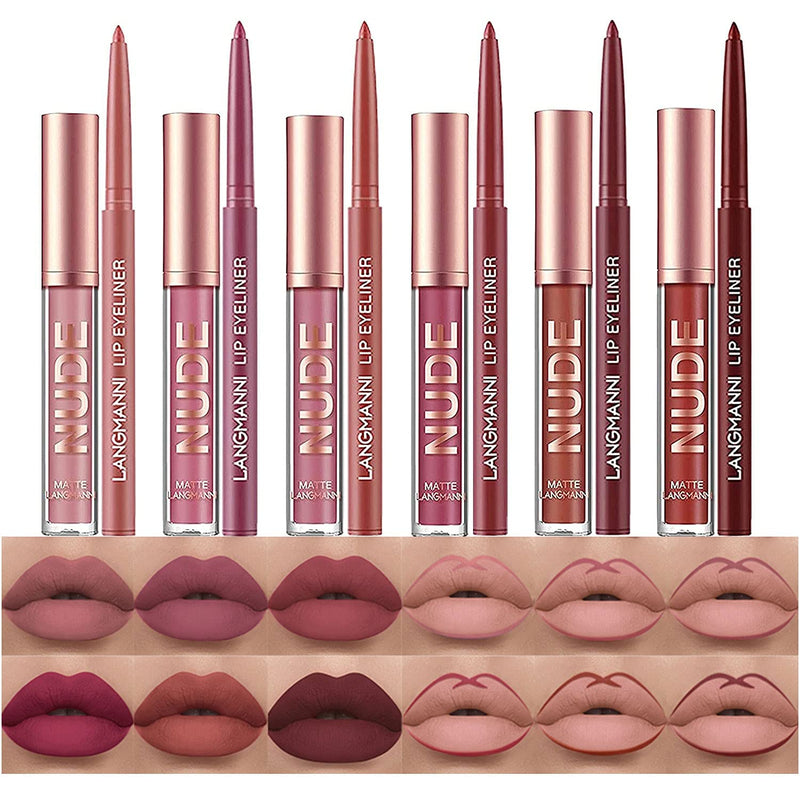 BestLand 12Pcs Matte Liquid Lipstick + Lip Liner Pens Set, Velvety Nude Lip Stain Waterproof Long Wear Makeup Gift Set 12 Count Set A