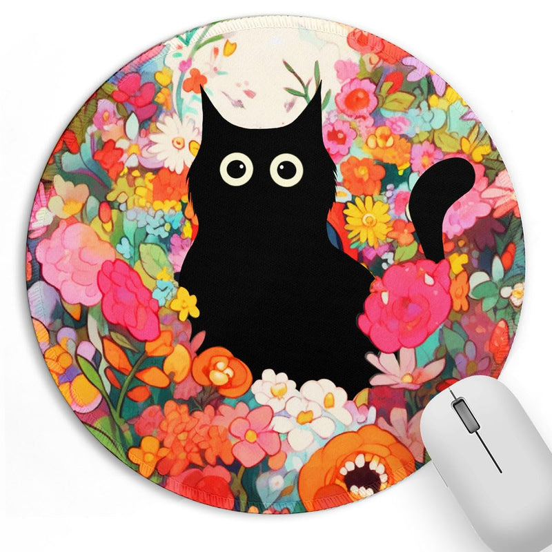Black Cat Flower Small Mouse Pad, Cute Aesthetic Anime Mousepad with Non-Slip Rubber Base, Round Mouse Pads for Desk Accessories Laptop Gaming