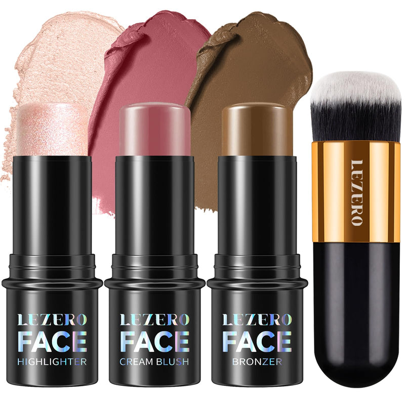 Lezero 3Pcs Contour Stick Makeup Kit, Shades with Highlighter, Blush and Bronzer Trio for Sculpt the Cheeks and Body, Long Lasting, Waterproof,