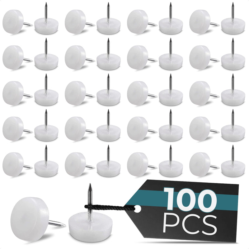 Nail in Furniture Glides, 100 Pcs, 0.6" x 0.7", Nylon for Hardwood Floors | Plastic Furniture Feet, Steel Nail Hold Stays Put, Glides Smoothly,