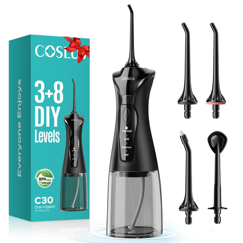 COSLUS C30 Water Dental Flosser Pick for Teeth: 4 Modes Cordless Portable 300ML Larger Tank Water Teeth Cleaner IPX7 Waterproof Flossing Cleaning