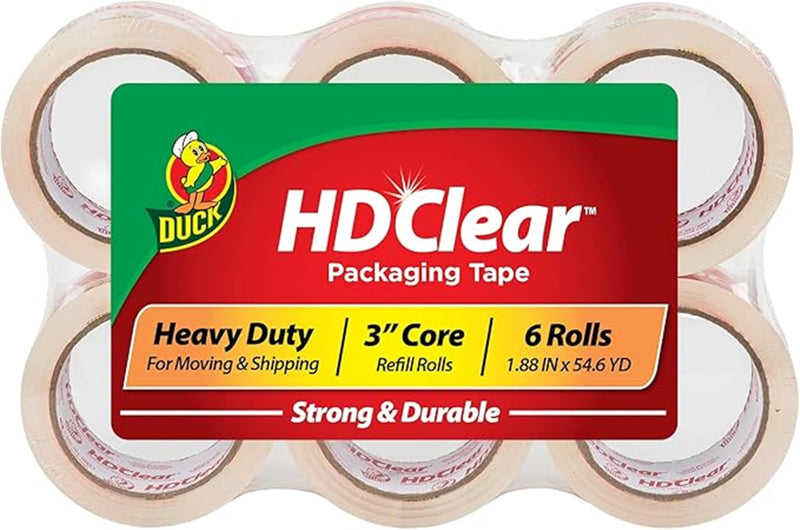 Duck HD Clear Packing Tape Refills - 6 Rolls of Heavy Duty Shipping and Moving Packing Tape - Clear Strong Packaging Tape for Boxes, Packing and
