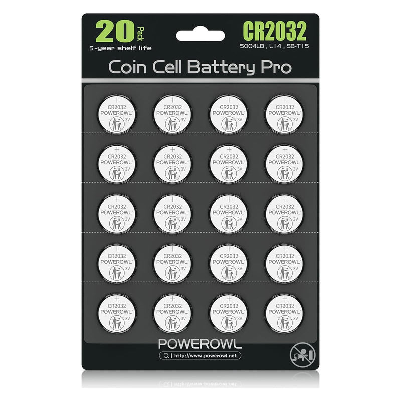 POWEROWL High Capacity CR2032 Battery (20-Pack) 3v Lithium Batteries, Leak-Free, Long Lasting Cr 2032 CR2032-20P