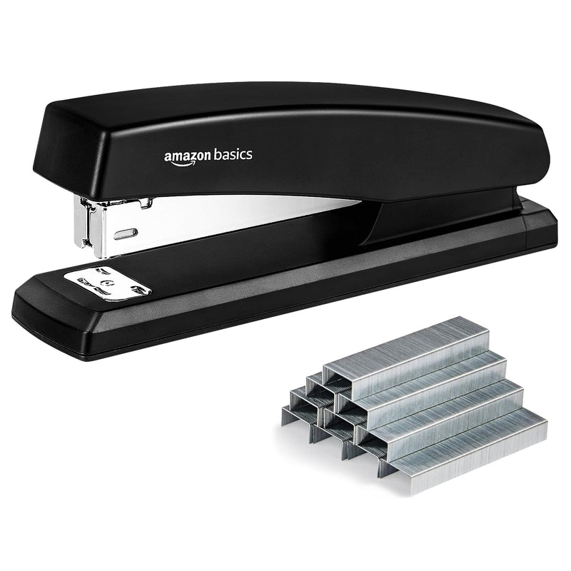 Amazon Basics Office Stapler with 1000 Staples, 25 Sheet Capacity, Non-Slip, Black, Home Office 1-Pack Stapler and 1000 Staples