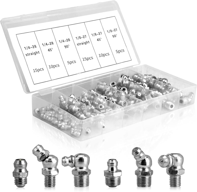60Pcs Galvanized Steel Grease Fittings Kit, SAE 1/4" & 1/8" Grease Zerks Assortment with Straight 45° 90° Angled Zerk Fittings for Automotive &
