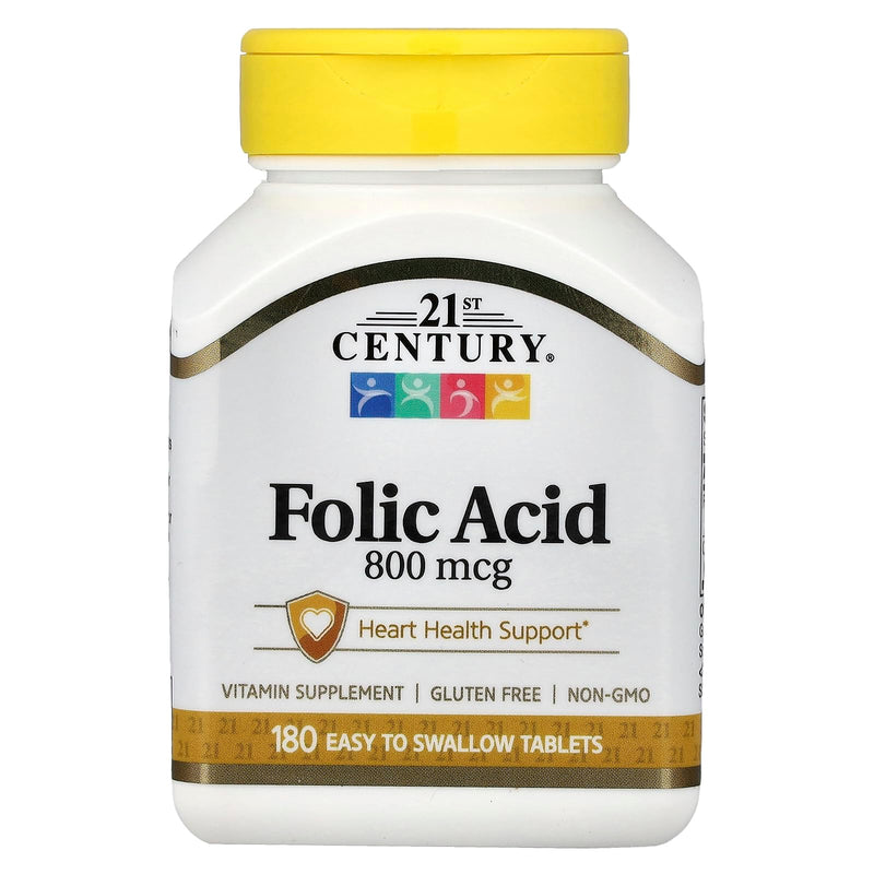 21st Century 800 mcg Folic Acid Tablets, Assorted, 180 Count Unflavored 180 Count (Pack of 1)