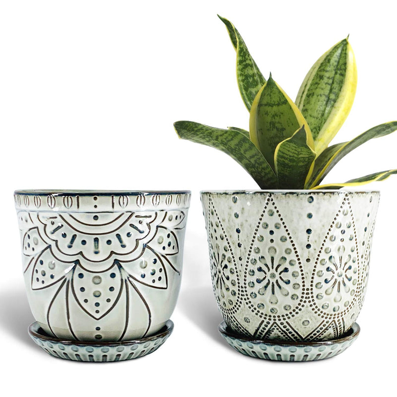 Gepege 6 Inch Beaded Ceramic Planter Set of 2 with Drainage Hole and Saucer for Plants, Indoor-Outdoor Large Round Succulent Orchid Flower Pot