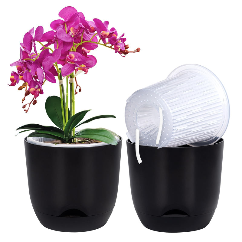 QCQHDU 2 Pack 5.7 Inch Orchid Pots with Holes for Repotting, Double-Layer and Self Watering Orchid Pot with Good Air Circulation Black 2packs 5.7IN