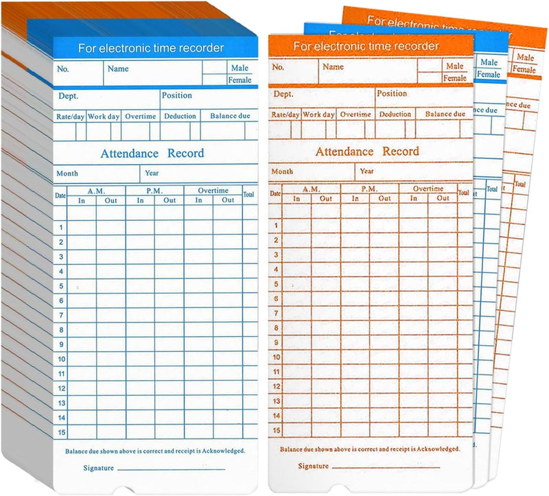 Flexzion Monthly Time Cards for Employees - Dual-Sided, Orange/Blue Attendance Tracker, 270-Piece Time Sheets Compatible with 6-Column Time Clock