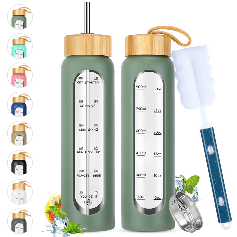 SipZest 32 oz Glass Water Bottle with Straw - Motivational Time Marker & Silicone Sleeve - Reusable Tumbler Includes 2 Bamboo Lids & Fruit Infuser
