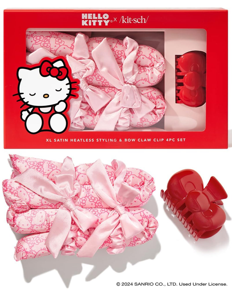 Hello Kitty X Kitsch XL Satin Heatless Curling Set- Heatless Hair Curler to Sleep in for Frizz-Free & Soft Curls, Comes with Bow Shape Design Hair