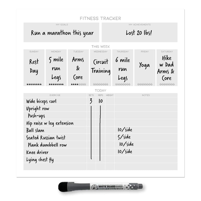 Dry Erase Whiteboard Fitness Tracker | Removeable and Restickable Adhesive Decal | Fine-Tip Magnetic Marker Included | 12" X 12" (White)
