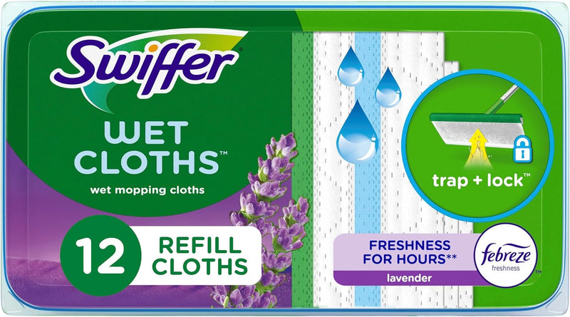 Swiffer Sweeper Wet Mopping Pad Refills for Floor Mop with Febreze Lavender Scent, 12 Count (Packaging May Vary)