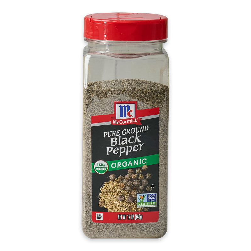 McCormick Black Pepper, Pure Ground, Organic, Non GMO, Enjoy Distinctive Pepper Flavor While Cooking & Tableside, 12 oz 12 Ounce (Pack of 1)