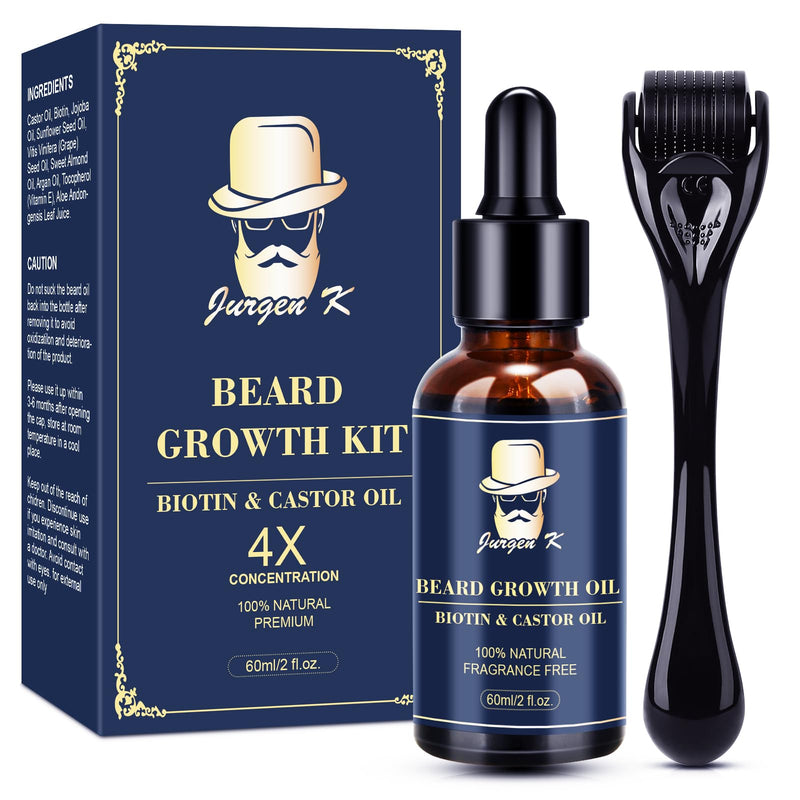 Jurgen K Beard Growth Kit, Upgraded Beard Growth Oil (2Oz) w/Biotin & Castor Oil, Beard Massager for Patchy/Spot Beard, Beard Kit for Men's Daily