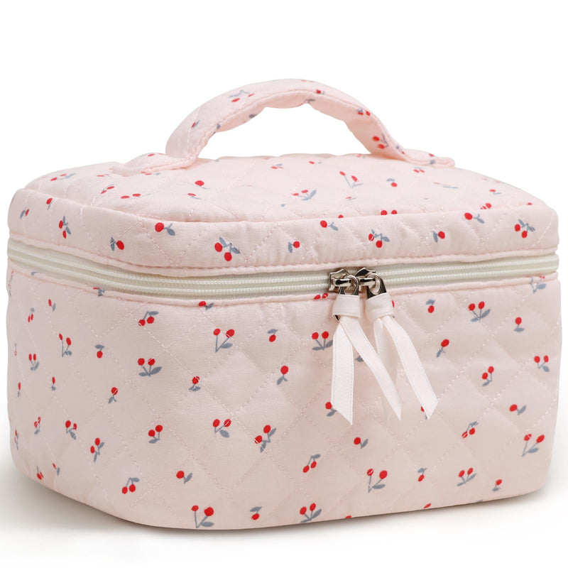 Prite Quilted Makeup Bag Travel Toiletry Organizer for Women (Cherry)