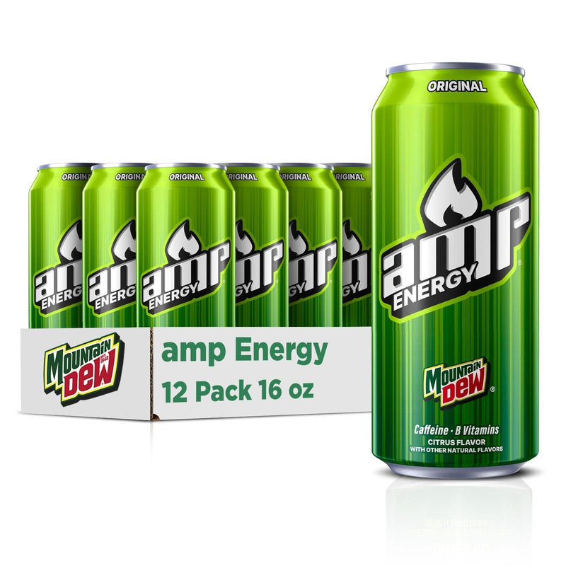 Mountain Dew AMP Energy Drink, Original, 16 fl oz cans (12 Pack) | Energy Drink with Caffeine & B Vitamins, Packaging May Vary 16 Fl Oz (Pack of 12)