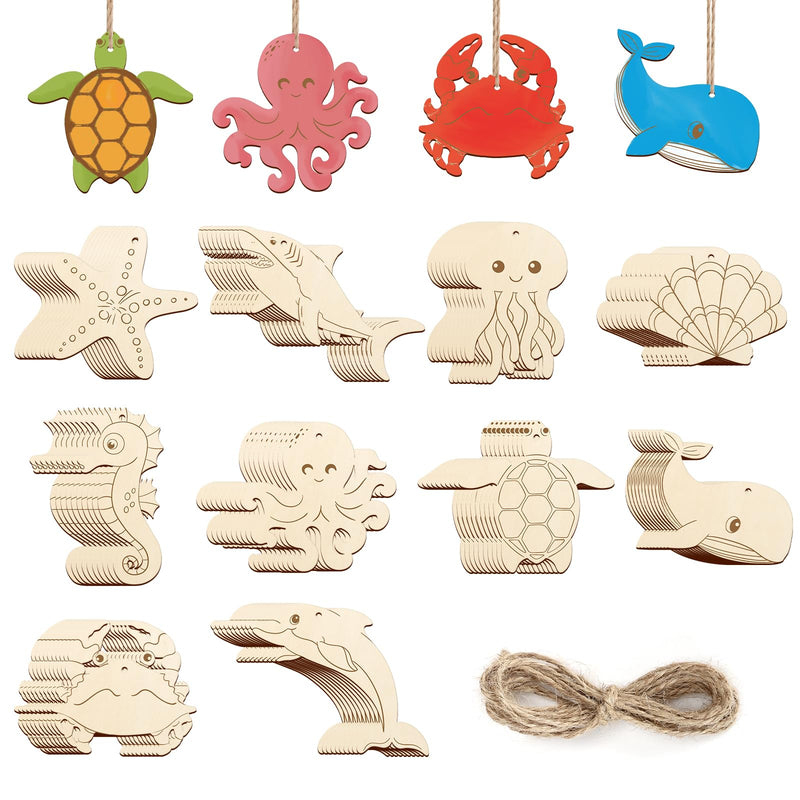 80PCS Wooden Sea Ornaments to Paint, 10 Styles DIY Blank Unfinished Wood Ocean Whale Seahorse Octopus Starfish Dolphin Turtle Shark Crab Cutouts