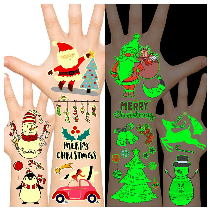 Christmas Temporary Tattoos Stocking Stuffers for Kids Boys Girls, Glow in the Night Dark Kids Tattoos, Christmas Party Favors Supplies