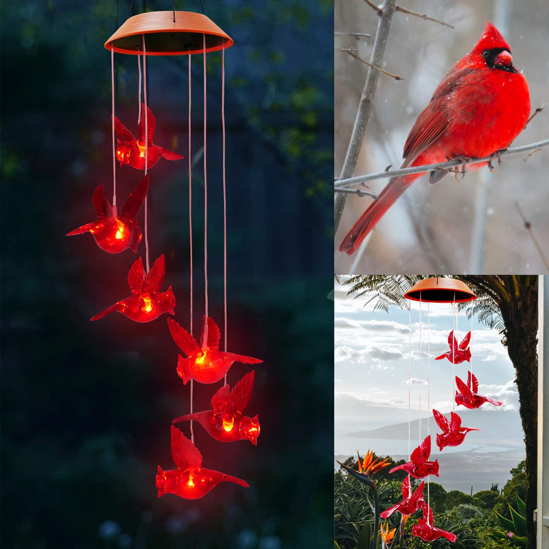 Solar Cardinal Wind Chimes Lights for Outside Garden Patio Decor | Red Bird Hanging Windchimes for Home/ Outdoors, Memorial Gifts Gifts for Mother