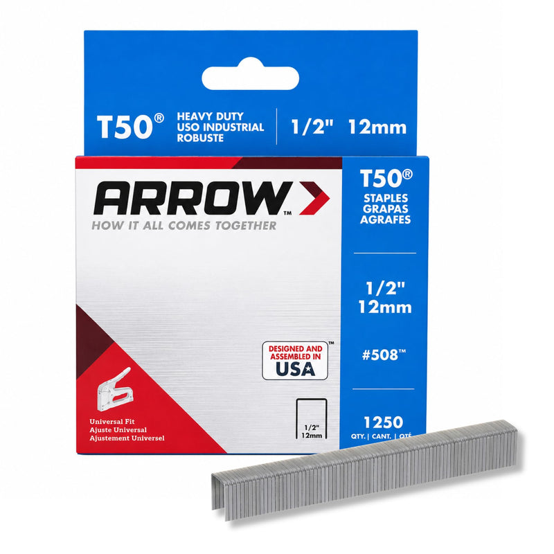 Arrow 508 Heavy Duty T50 1/2-Inch Leg Length, 3/8-Inch Crown, Staples for Upholstery, Construction, Furniture, Crafts, 1250 Count(Pack of 1) |