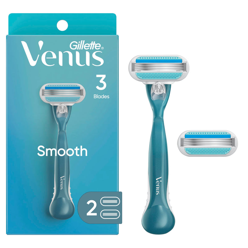 Gillette Venus Smooth Razor for Women, Includes 1 Reusable Razor Handle + 2 Count 3-Bladed Refills, Ergonomic Soft Grip Handle 1 Count (Pack of 1)