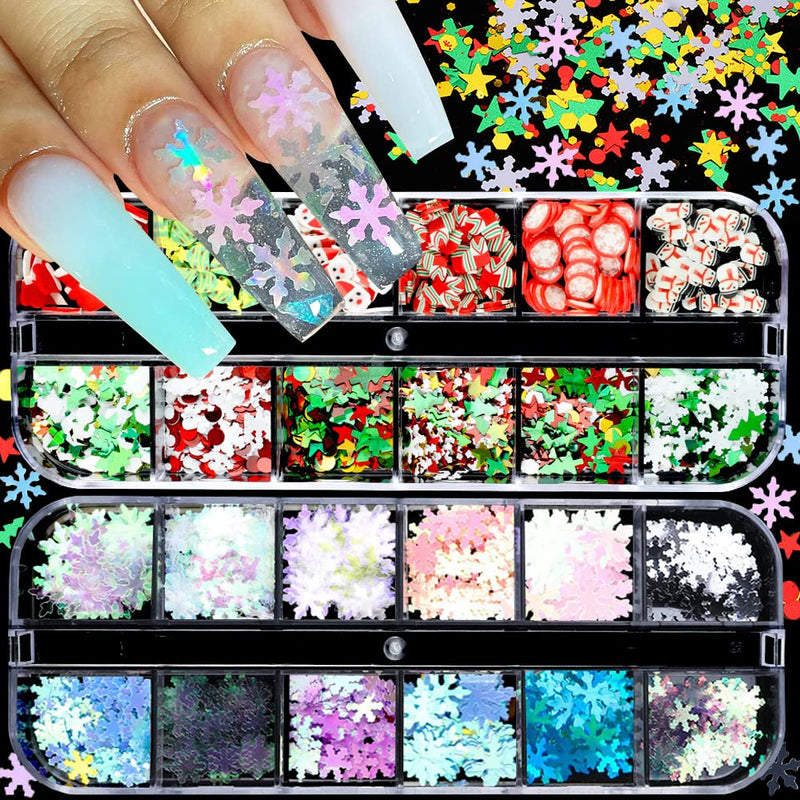 Christmas Nail Glitter Sequins, 24 Grids Holographic Snowflake Nail Art Flakes Xmas Tree Snowmen Santa Claus Stars Christmas Nail Design Winter