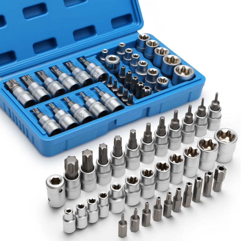34-Piece 3/8'' Drive Torx Star Bit sockets CR-V E-Socket Set, E4-20, T10-60, Tamper Proof Set TT10-TT55, 5/16"F to 3/8"M adapter with Storage