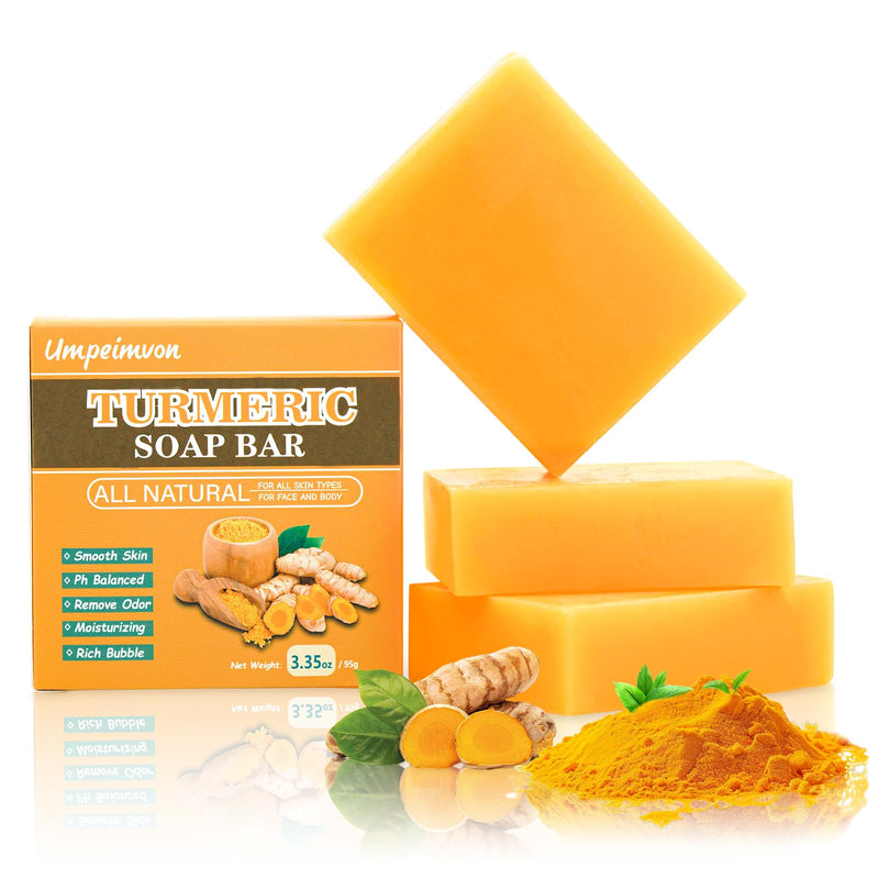 3 Pack Turmeric Soap Bar for Face & Body Cleanser, Organic Turmeric Soap, Smooth Skin and Moisturizing, All Natural Tumeric Soap, Handmade