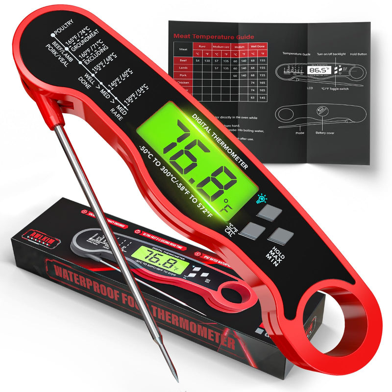 AWLKIM Meat Thermometer Digital, Instant Read Food Thermometer, Red | Waterproof cooking thermometer with doneness chart, backlight, F/C switch