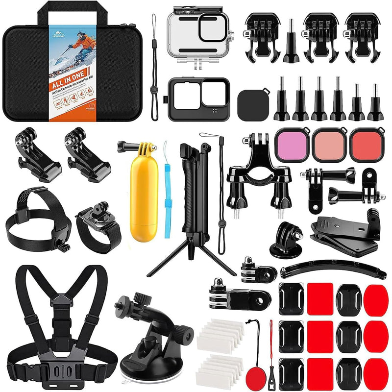HONGDAK Action Camera Accessories Kit for GoPro Hero 13 12 11 10 9 Black, Waterproof Housing+Silicone Case+ Adjustable Arm+Head Chest Wrist