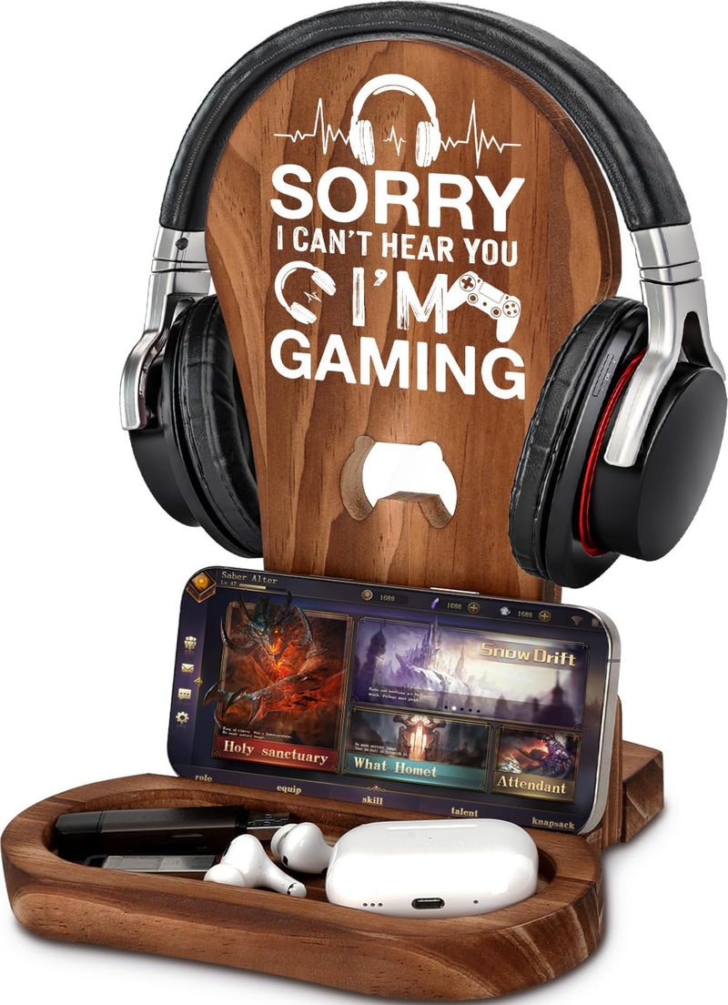 Gamer Gifts for Teenage Boys, Gaming Headphone Stand for Men, Gaming Room Decor Wooden Headset Holder, Son Boyfriend Husband Game Lover Gifts