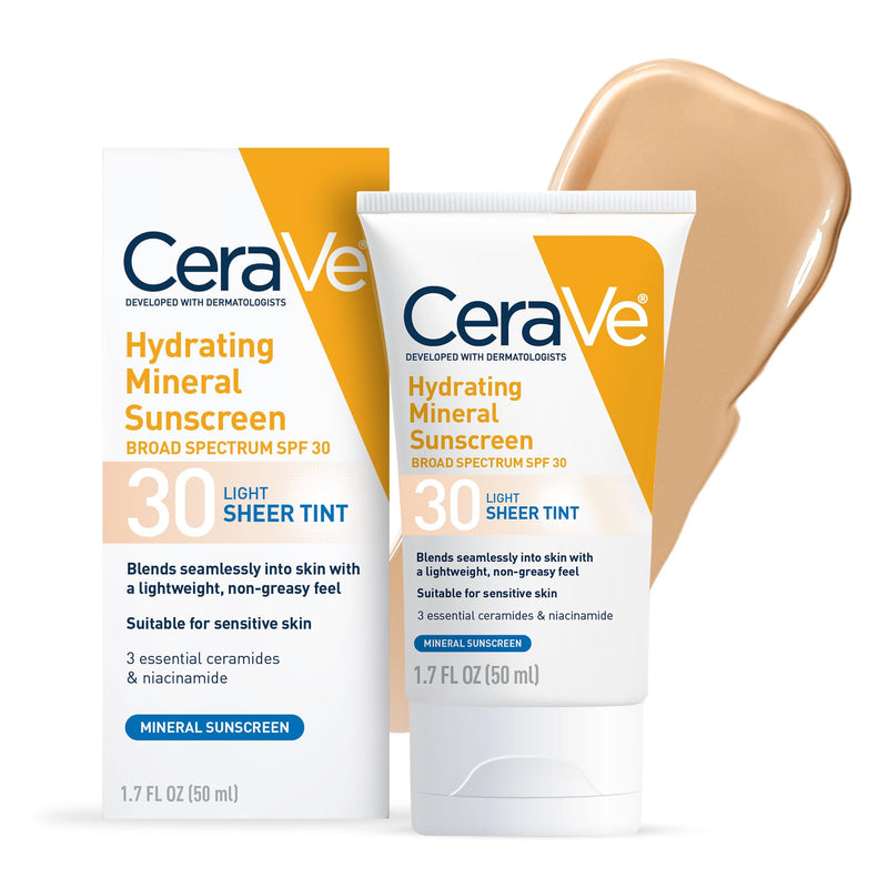 CeraVe Hydrating Mineral Sunscreen SPF 30 with Sheer Tint, Tinted Mineral Sunscreen with Zinc Oxide & Titanium Dioxide, Blends Seamlessly For