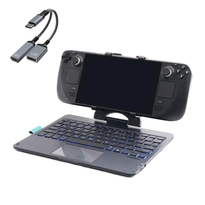 DeckTop with Splitter - Steam Deck Keyboard and Bluetooth Trackpad Mouse with Multicolor LED Laptop Accessory for Valve Linux PC Gaming