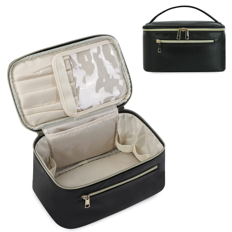 Wandering Nature Makeup Bag, Women Travel Make Up Vanity Case with Handle Black Leather Medium