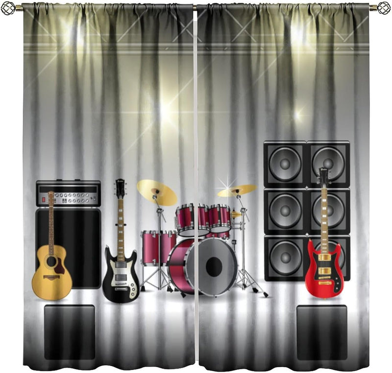 Rock Music Curtains, Teens Boys Electronic Musical Instrument Curtain Guitar Drum Speaker Window Drapes for Bedroom Living Room 42" W X 45" L