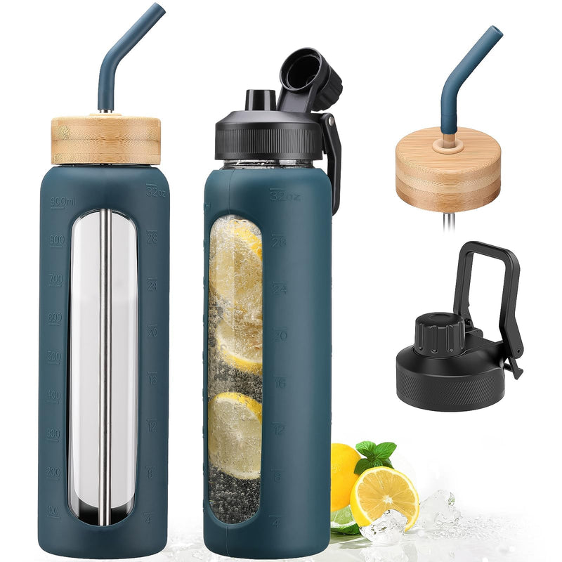 32oz Glass Water Bottle with Straw and 2 Lids- Bamboo and Spout Lid,Motivational Sports Water Bottle with Silicone Sleeve and Time Marker,Reusable