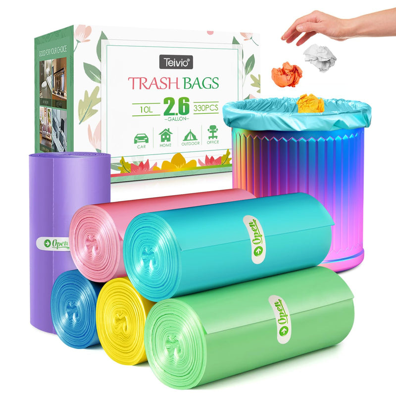 2.6 Gallon/330pcs Strong Trash Bags Colorful Clear Garbage Bags by Teivio, Bathroom Trash Can Bin Liners, Small Plastic Bags for home office
