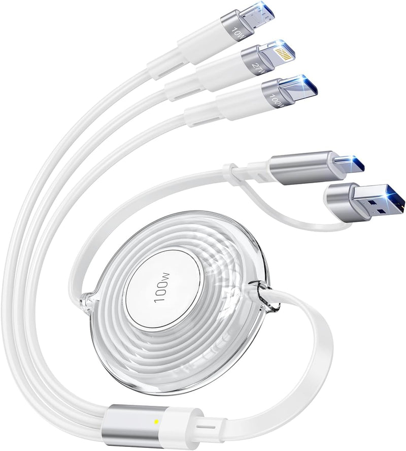 100W Multi USB Charging Cable, 6-in-1 Retractable USB C/Lightning/Micro Multi Charger Cords for iPhones, iPads, MacBook, Tablets, Galaxy, Note &