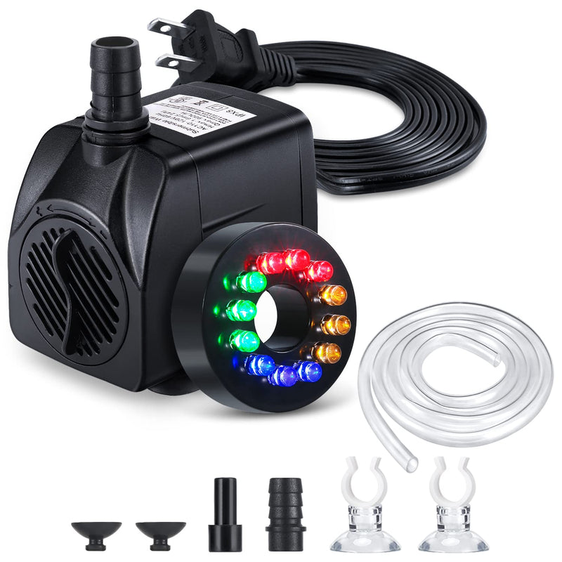 CWKJ Fountain Pump with LED Lights, 220GPH(15W 900L/H) Submersible Water Pump, Durable Outdoor Fountain Water Pump with 6.5ft Tubing (ID x