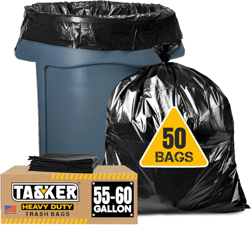 Tasker 55-60 Gallon Trash Bags Heavy Duty | Value 50 Count Bags W/Ties | Extra Large Industrial Trash Bags 55 Gallon, Lawn and Leaf Bags, Extra