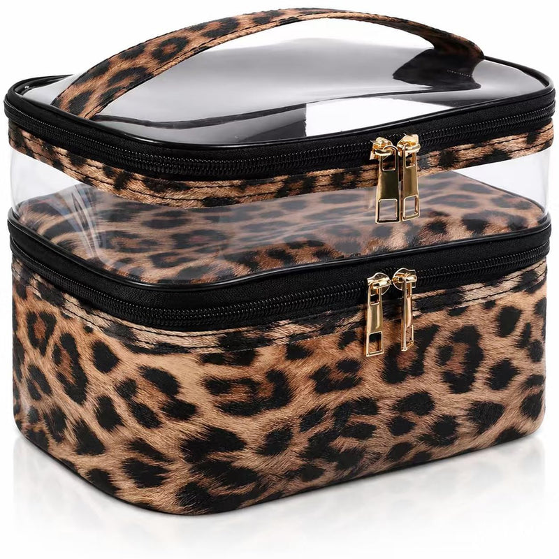 Double-layer Cosmetic Bag Makeup Bag Travel Makeup Bag Makeup Bags for Women Cosmetics Cases Portable Waterproof Foldable (Leopard) 00-Brown