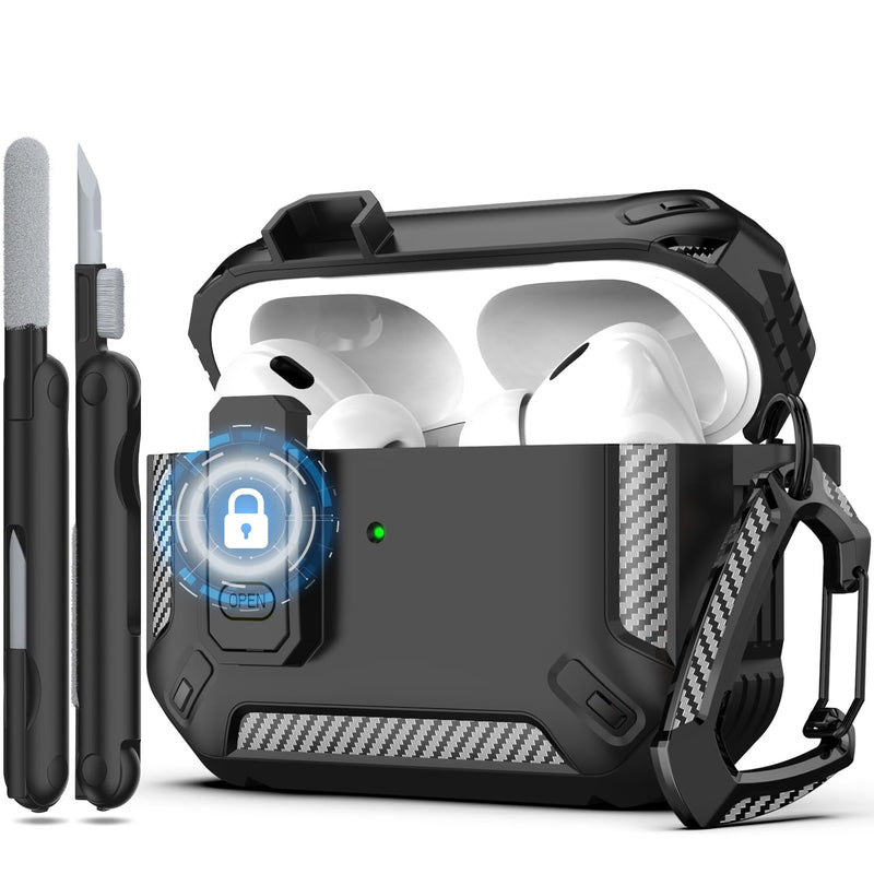 RFUNGUANGO for Airpods Pro 2Nd Gen Protective Case with Cleaning Kit, Military Hard Case with Lock for Airpod Gen 2 Charging Case 2023, 2022, Black