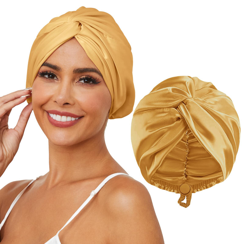 HFRHTGY Adjustable Silk Satin Hair Bonnet for Sleeping, Double Layer Hair Wrap Sleep Cap Turban for Women Men, Curly Straight Braid Unisex (Golden