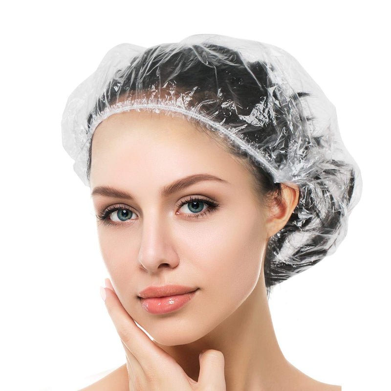 Auban 100PCS Disposable Shower Caps, Plastic Clear Hair Cap Large Thick Waterproof Bath Caps for Women, Hotel Travel Essentials Accessories Deep
