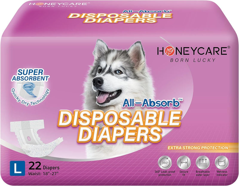 Honey Care All-Absorb Disposable Female Dog Diapers L Size, Improved Bigger Size, 22 Count, Super Absorbent, Breathable, Wetness Indicator,
