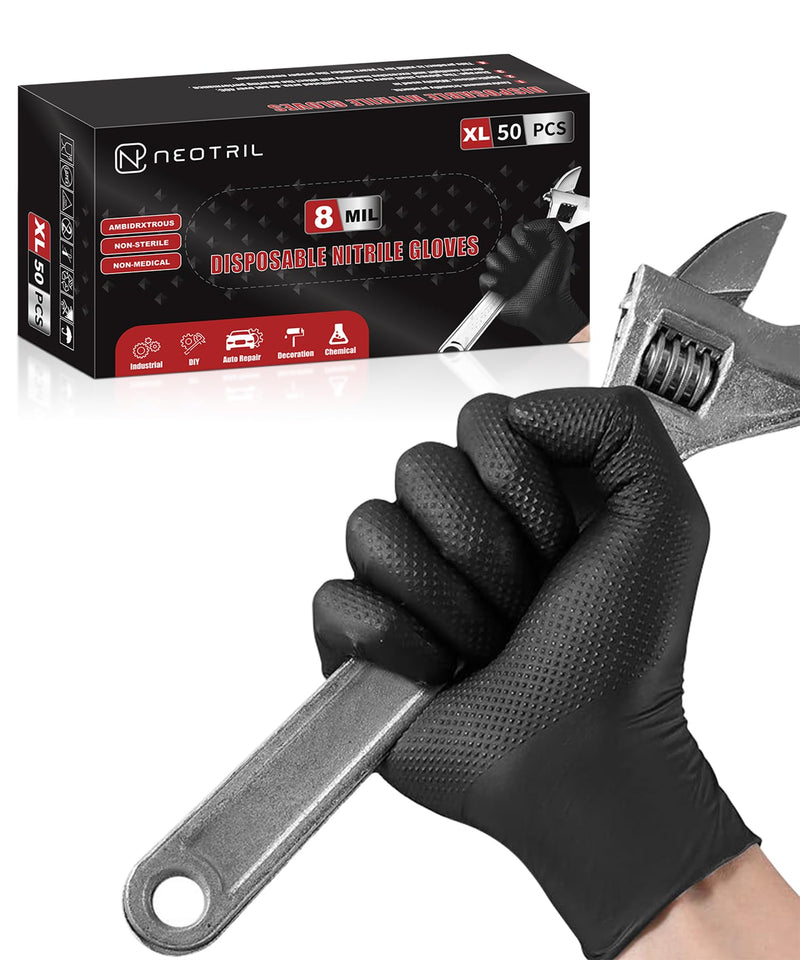 NEOTRIL 8 Mil Heavy Duty Disposable Nitrile Gloves with Diamond Texture Grip Rubber Gloves Latex & Powder Free Large Box of 50 / Black