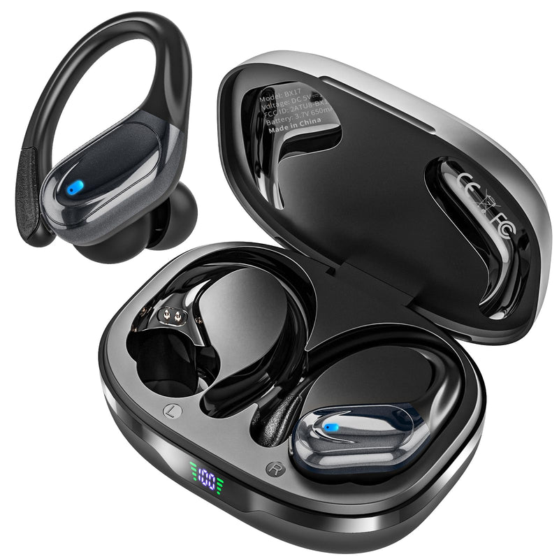 Catitru Wireless Earbuds Bluetooth Headphones 80H Playback Ear Buds Power Display with Noise Canceling Mic with Earhooks for Sports/Workout - Black